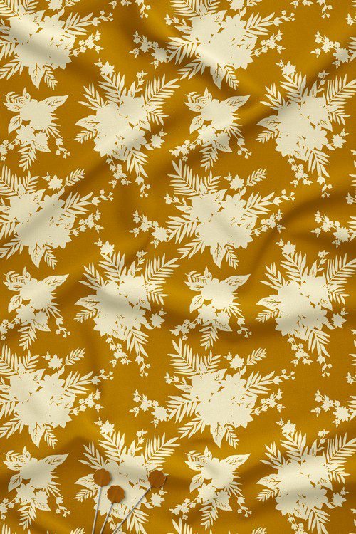 Ivory botanical silhouette floral digital printed fabric on mustard background