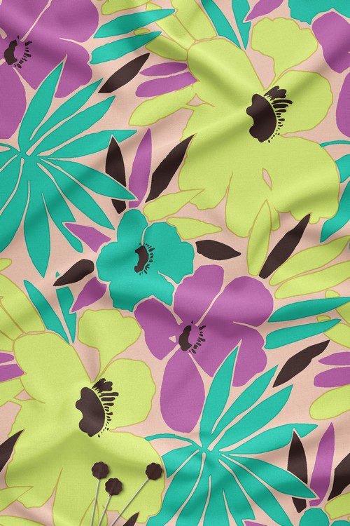 Pastel tropical floral digital printed fabric with green and purple flowers on peach background