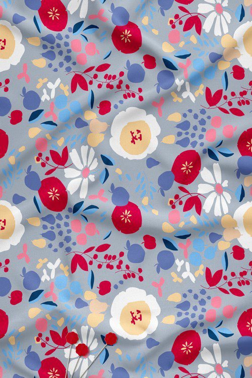 Meadow style floral digital printed fabric with red and blue flowers on grey background