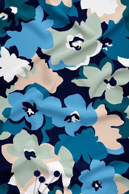 Abstract floral digital printed fabric with blue and sage flowers on navy background