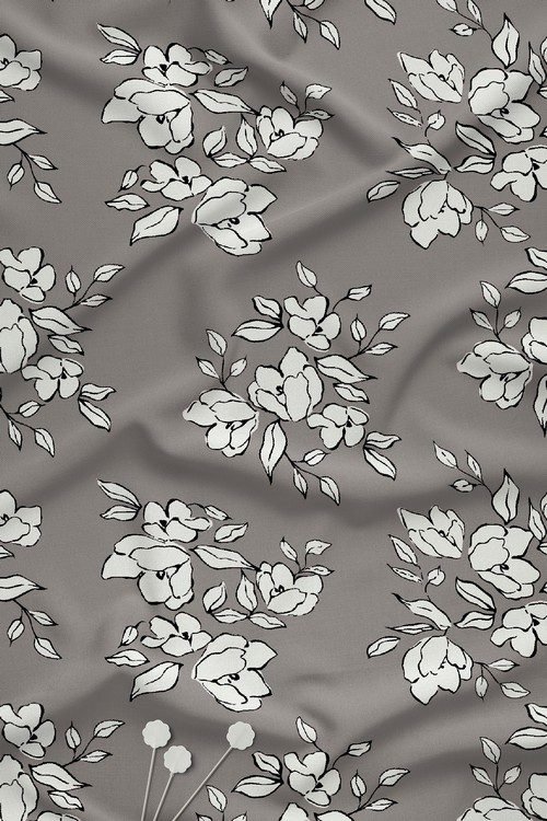Ivory floral digital print fabric on taupe grey background