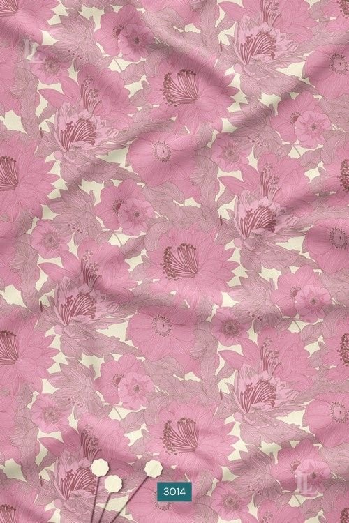 Soft pink vintage floral nature motif printed fabric on cream base with delicate botanical blossoms