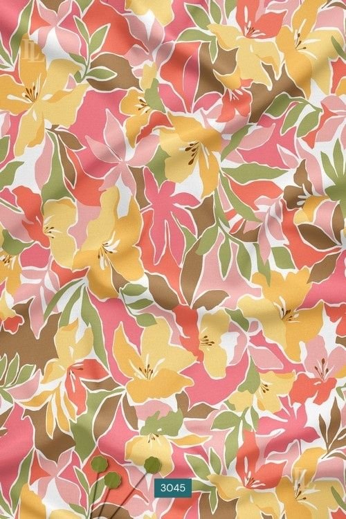 Vibrant coral pink tropical floral printed fabric with multicolor blossoms and leafy motifs