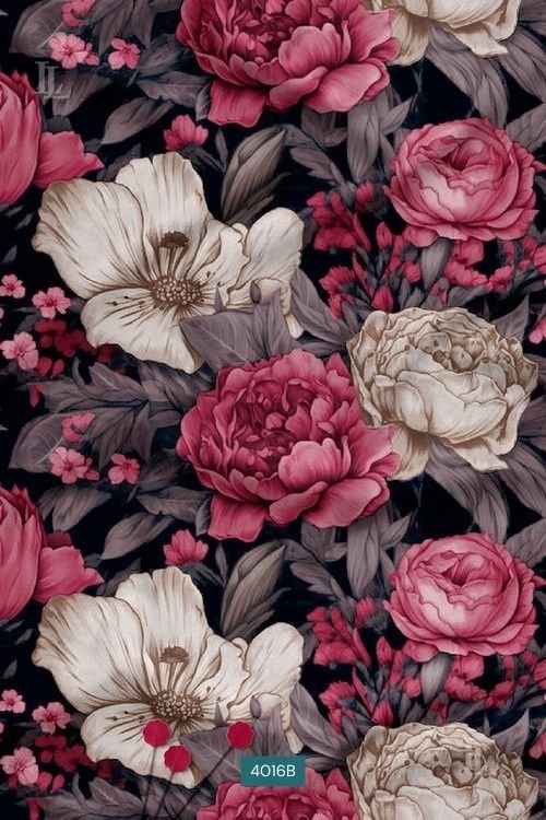 Dark background pink and ivory contemporary floral print fabric design