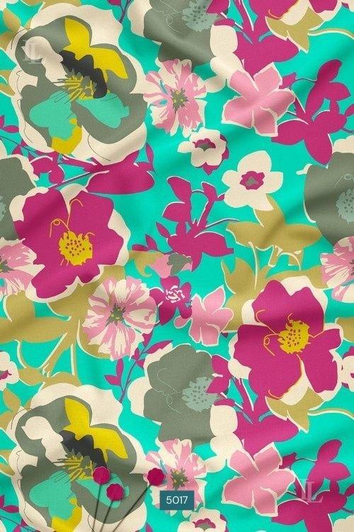 Turquoise base bold multicolor floral print fabric design