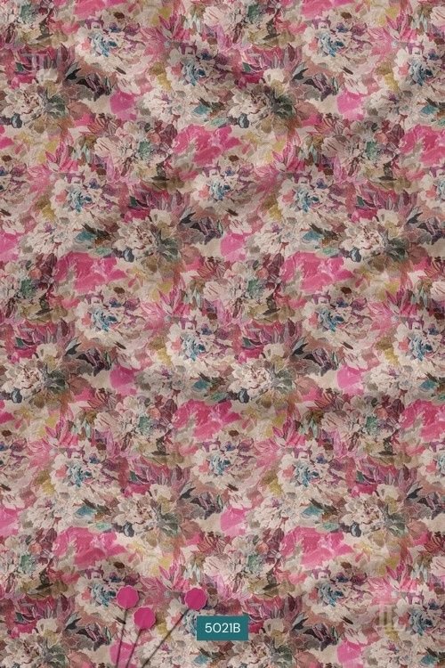 Soft pink watercolor floral print fabric with blended botanical design
