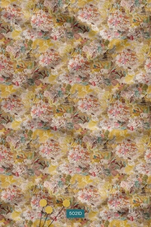 Mustard yellow watercolor floral print fabric with soft blended flowers