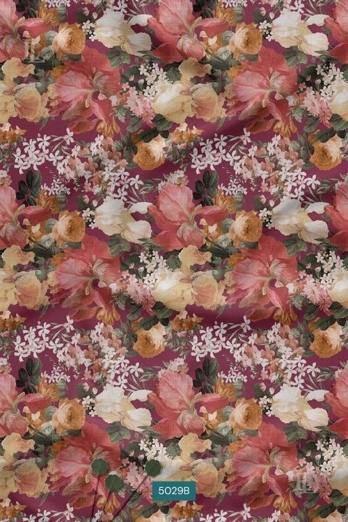 Burgundy base bold vintage floral print fabric with layered blossoms