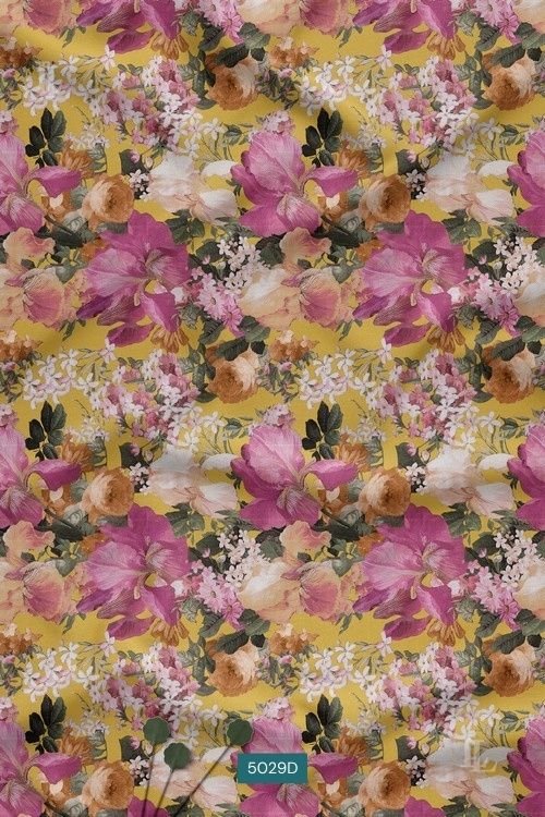 Mustard yellow base bold vintage floral print fabric with layered blossoms