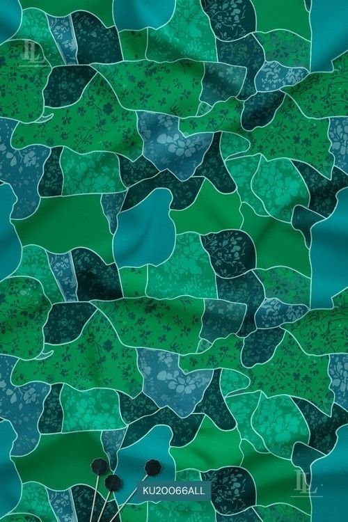 Abstract Digital Print Fabric with Layered Green Nature Motif Pattern