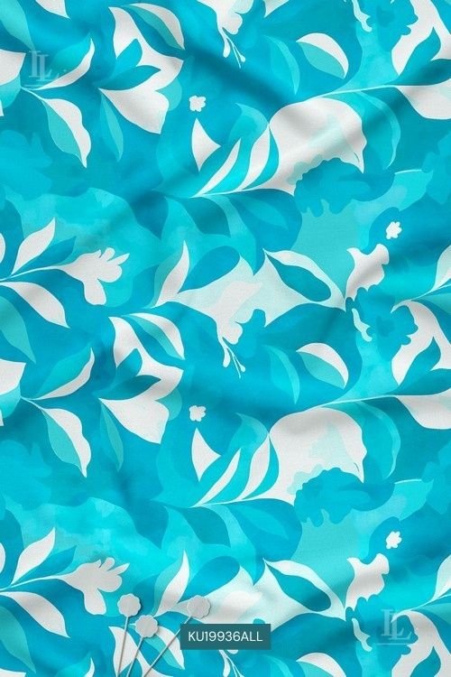 Abstract Floral Digital Print Fabric in Aqua Blue Contemporary Pattern