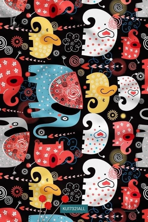 Abstract Folk Art Digital Print Fabric with Stylized Faces