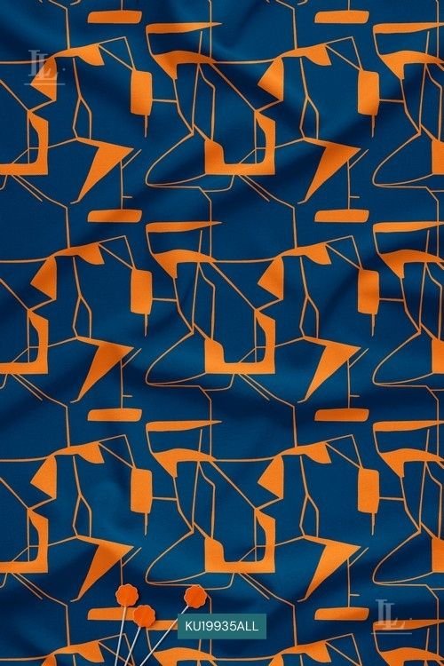 Abstract Geometric Digital Print Fabric in Blue and Orange Contemporary Pattern