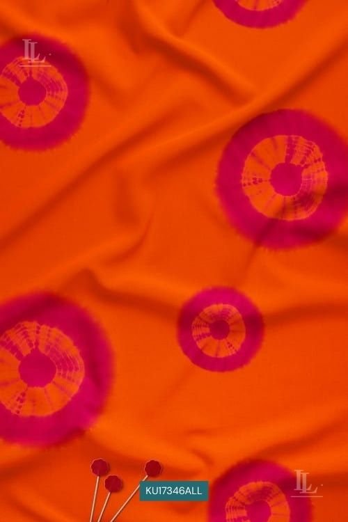 Bandhani digital print fabric for contemporary womenswear with circular motifs