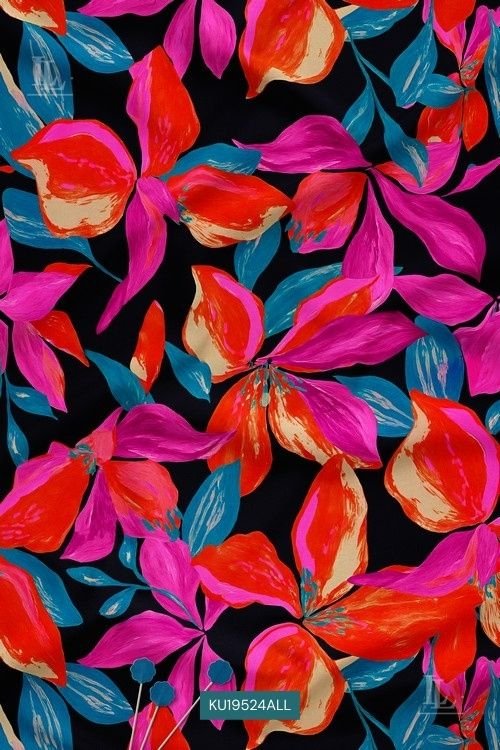 Black Floral Digital Print Fabric with Bold Pink and Red Botanical Design