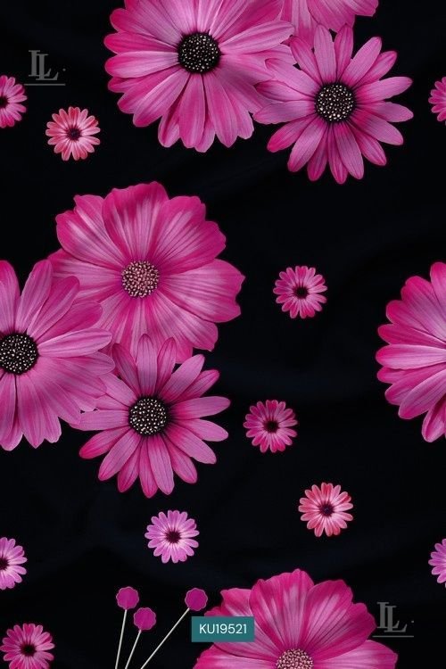 Black Pink Floral Digital Print Fabric with Bold Daisy Bloom Design