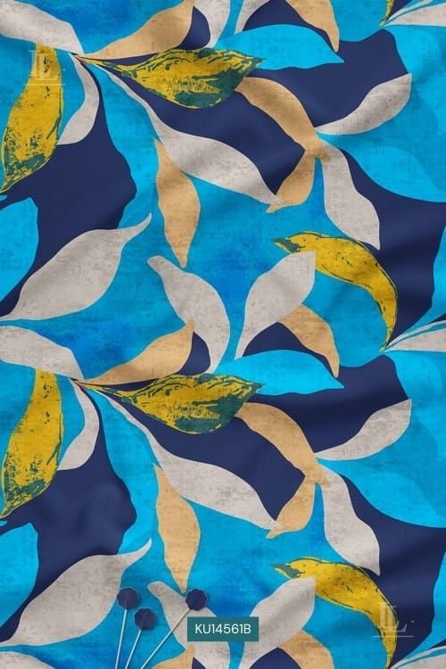 Blue Abstract Leaf Nature Motif Digital Print Fabric