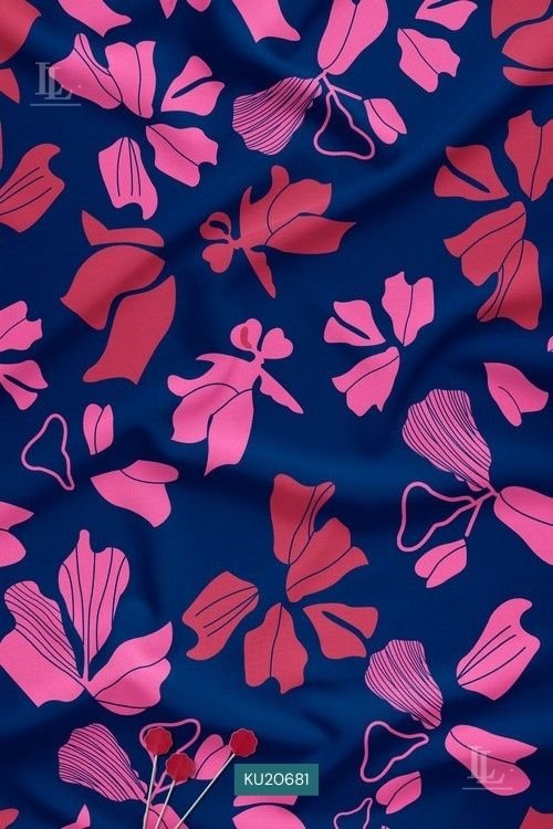 Bold Abstract Digital Print Fabric in Navy Pink Floral Design
