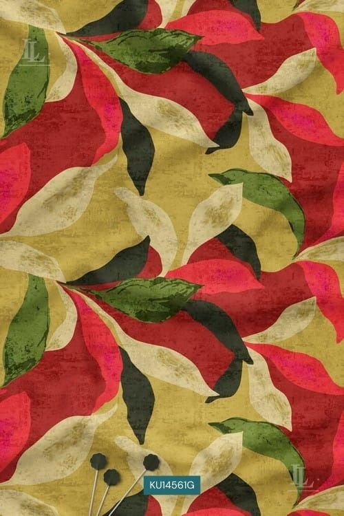 Bold Abstract Leaf Nature Motif Digital Print Fabric in Mustard Base