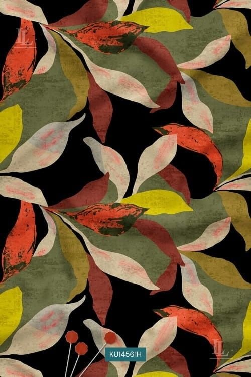 Bold Abstract Leaf Nature Motif Digital Print Fabric on Black Base