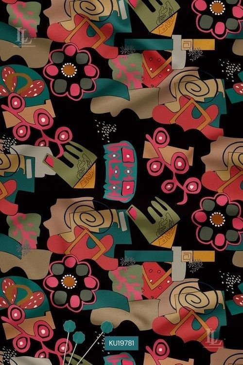 Bold Contemporary Digital Print Fabric in Black with Abstract Floral and Artistic Motifs