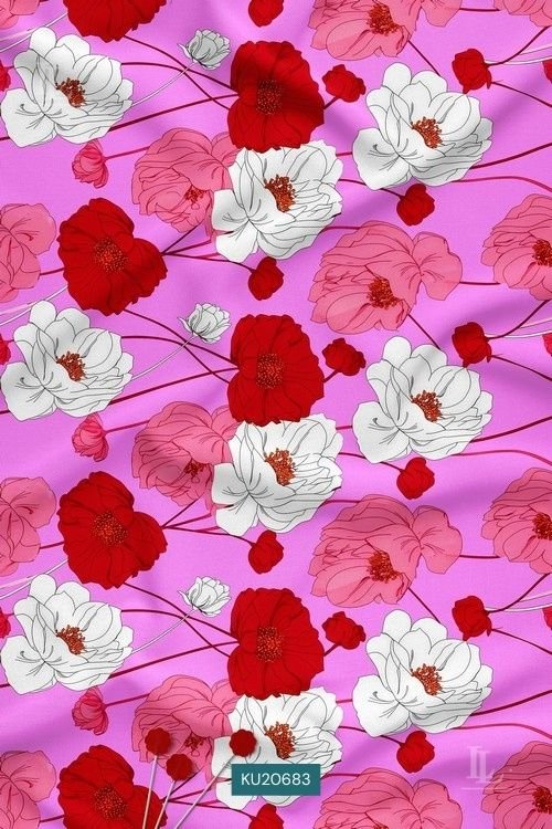 Bold Festive Floral Digital Print Fabric in Pink Red Blossom Design