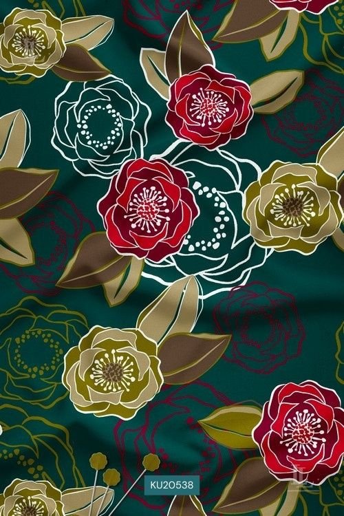 Bold Floral Digital Print Fabric in Deep Green Festive Rose Design