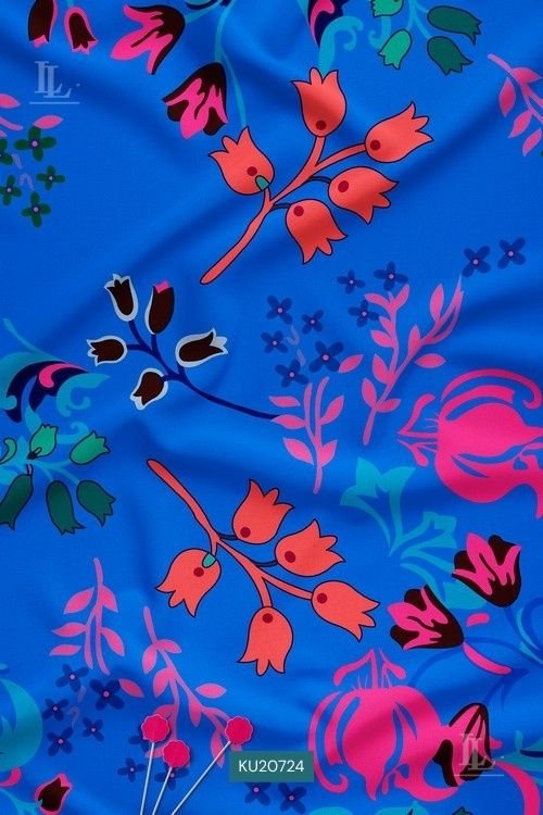 Bold Floral Digital Print Fabric in Electric Blue Graphic Design