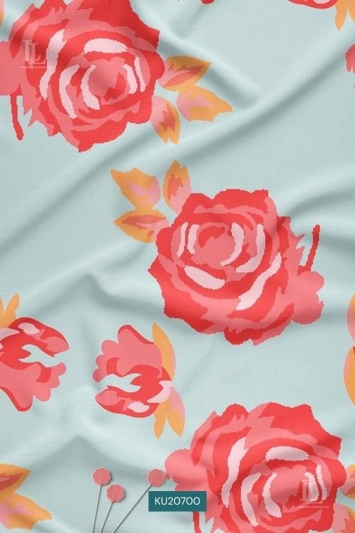 Bold Floral Digital Print Fabric in Mint Coral Rose Design