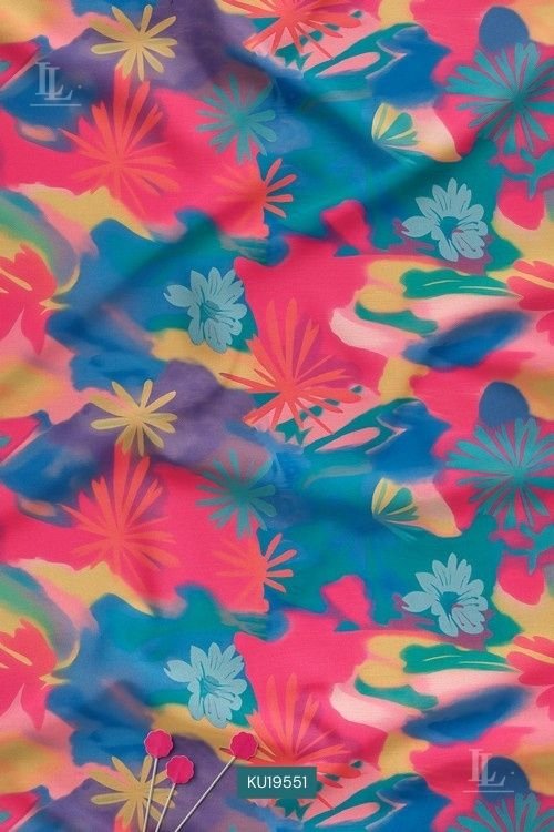 Bold Floral Digital Print Fabric in Multicolor Abstract Tropical Flower Design