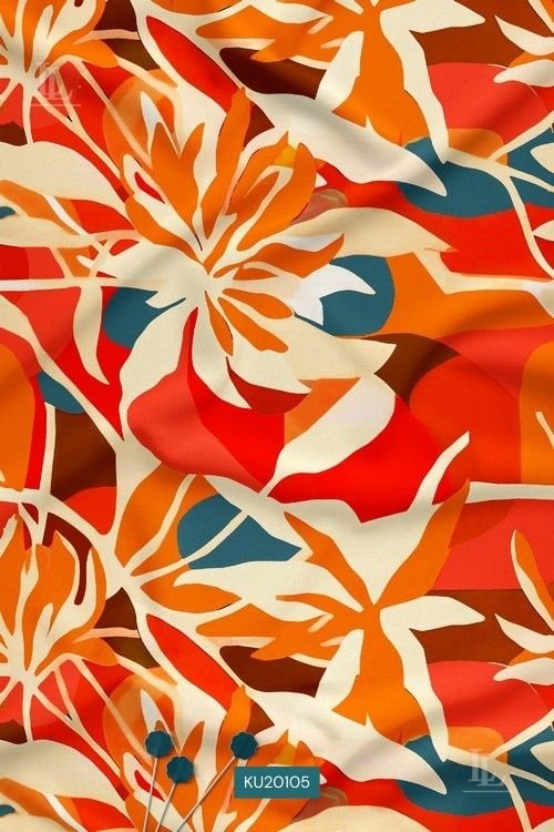 Bold Floral Digital Print Fabric in Orange Retro Contemporary Design