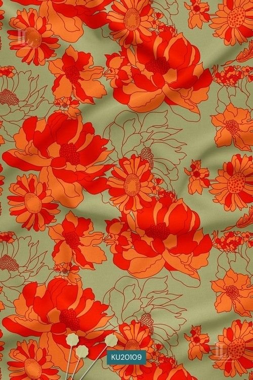 Bold Floral Digital Print Fabric in Orange Sage Contemporary Design