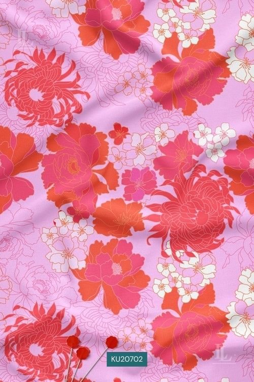 Bold Floral Digital Print Fabric in Pink Coral Blossom Design