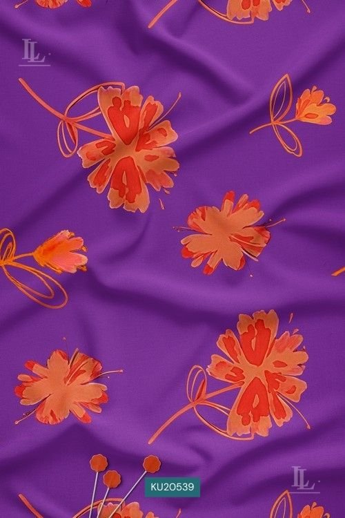 Bold Floral Digital Print Fabric in Purple Orange Statement Design
