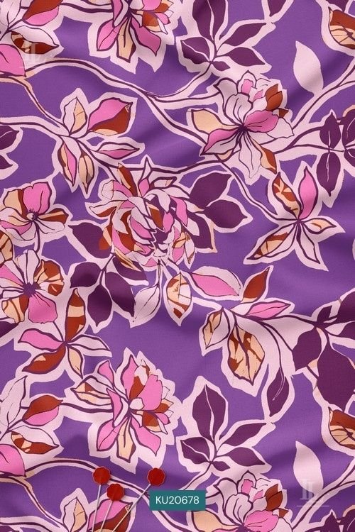 Bold Floral Digital Print Fabric in Purple Outline Blossom Design