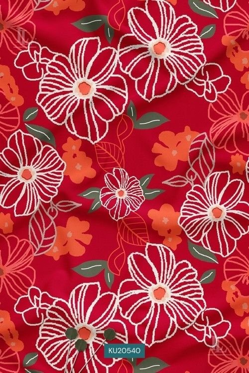 Bold Floral Digital Print Fabric in Red Festive Outline Design