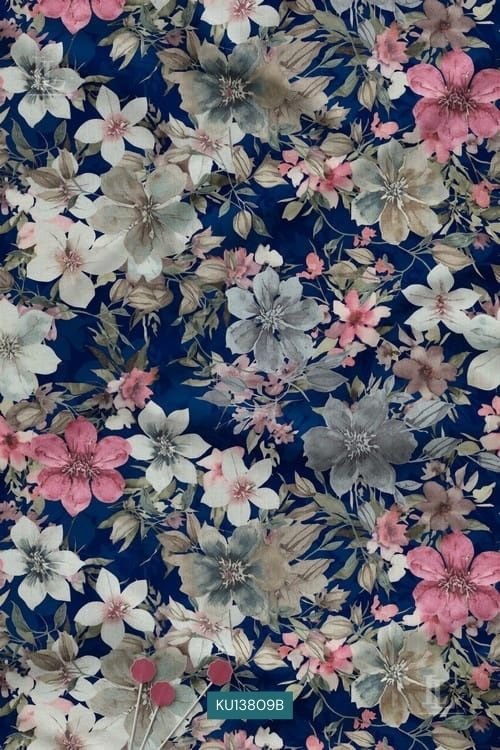 Bold Floral Digital Print Fabric in Royal Blue Blossom Design
