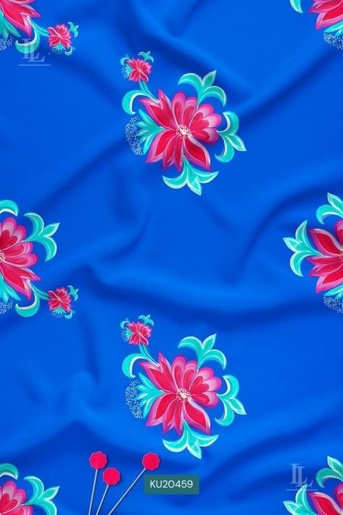 Bold Floral Digital Print Fabric in Royal Blue Festive Design