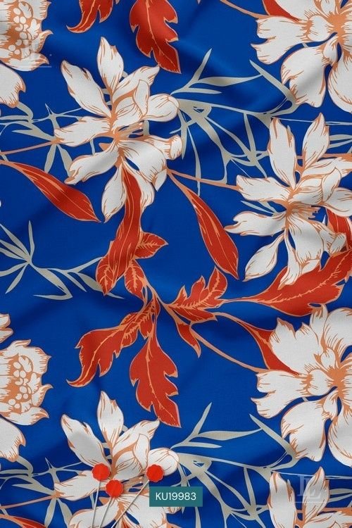 Bold Floral Digital Print Fabric in Royal Blue and Rust Contemporary Pattern