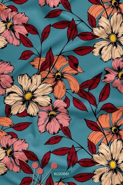 Bold Floral Digital Print Fabric in Teal Outline Blossom Design