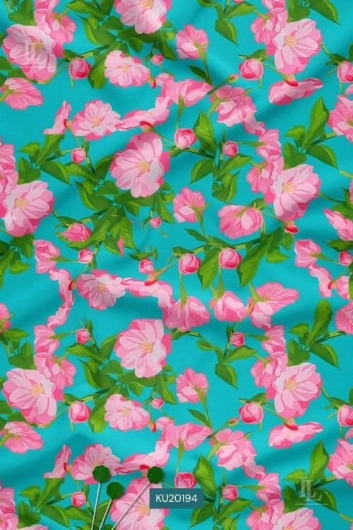 Bold Floral Digital Print Fabric in Teal Pink Blossom Design
