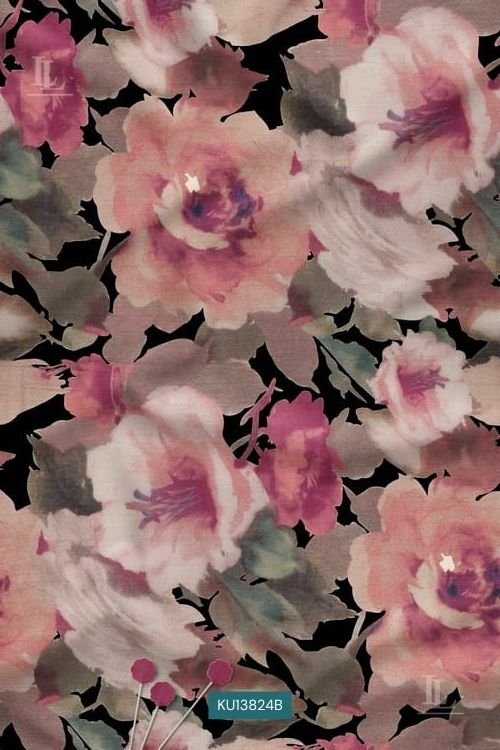 Bold Floral Watercolor Digital Print Fabric in Black Rose Design