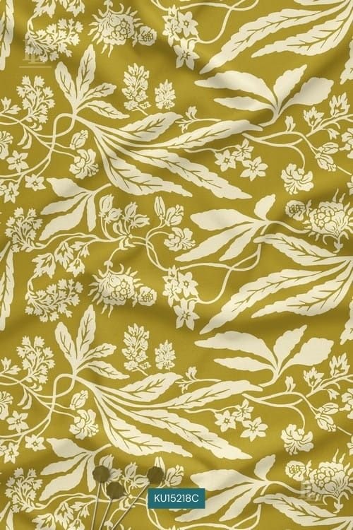 Botanical Floral Nature Digital Print Fabric in Mustard and Ivory