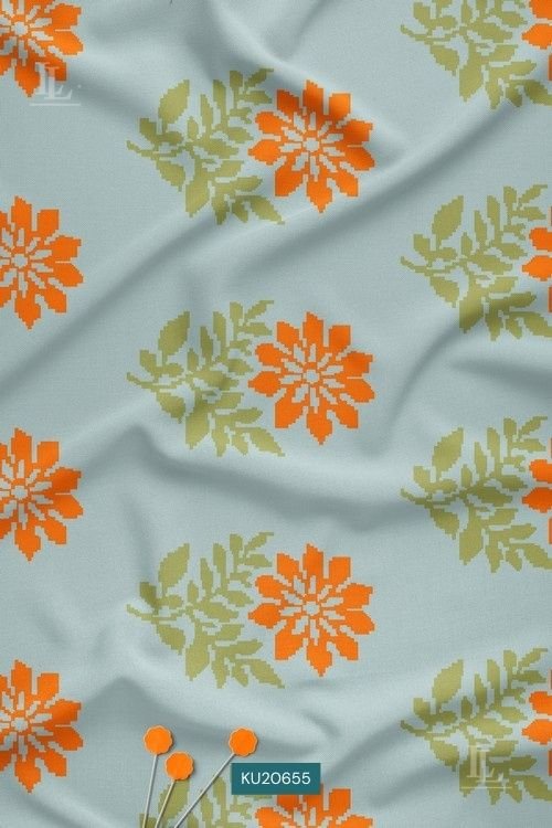 Contemporary Floral Digital Print Fabric in Blue Orange Motif Design