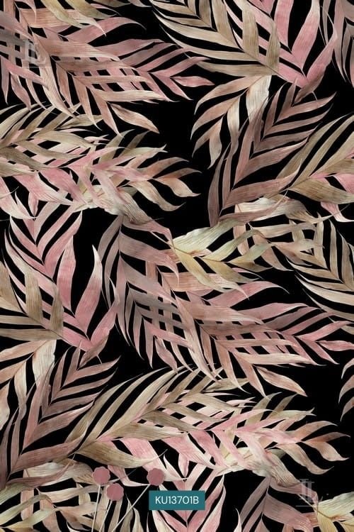 Dark Base Watercolor Nature Motif Digital Print Fabric with Palm Leaves