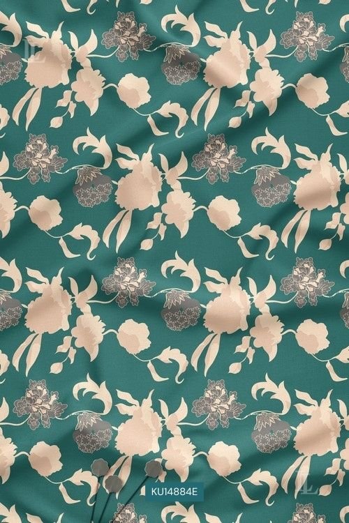 Deep Teal Contemporary Floral Digital Print Fabric