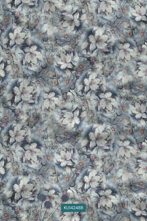 Dusty Blue And Soft Ivory Tones Blend Watercolor Floral Digital Print Fabric