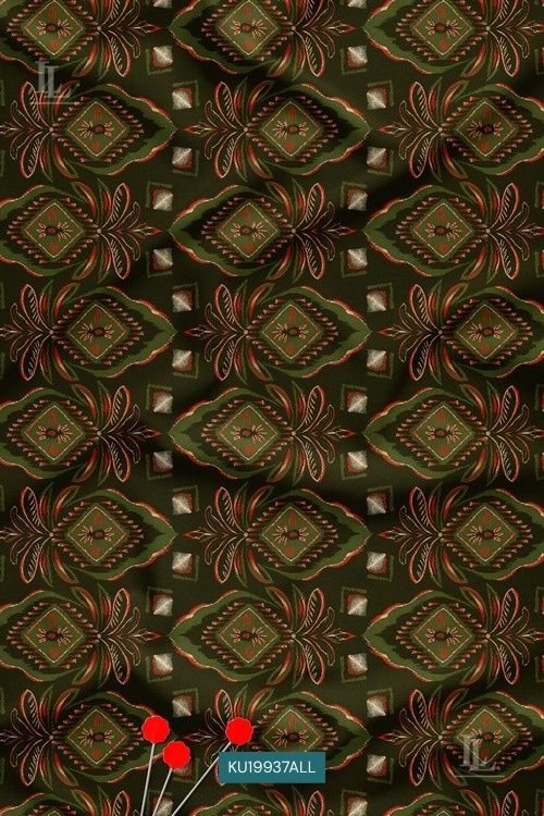 Ethnic Geometric Digital Print Fabric in Olive Folk Motif Pattern