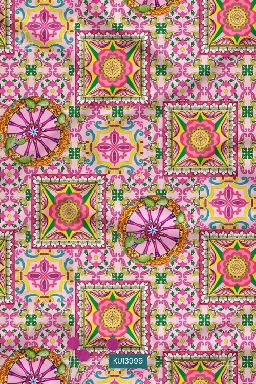 Festive Geometric Digital Print Fabric in Pink Ornamental Tile Design