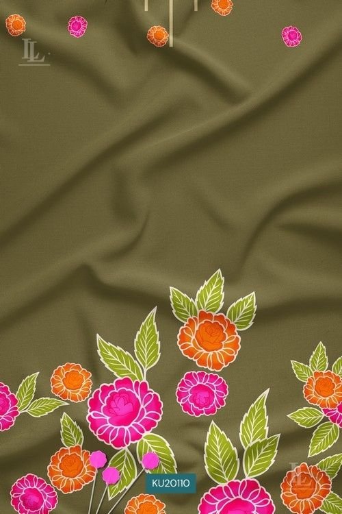 Floral Border Digital Print Fabric in Olive Festive Design